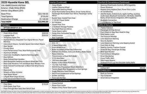 Chalk White 2020 Hyundai KONA SEL