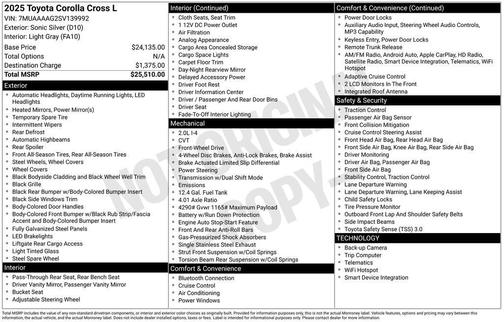 Sonic Silver 2025 Toyota Corolla Cross L