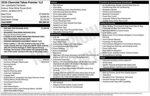 Polar White Tricoat 2026 Chevrolet Tahoe Premier