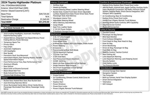 White 2024 Toyota Highlander Platinum