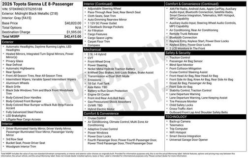 Midnight Black Metallic 2026 Toyota Sienna LE