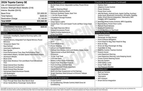 Midnight Black Metallic 2026 Toyota Camry SE