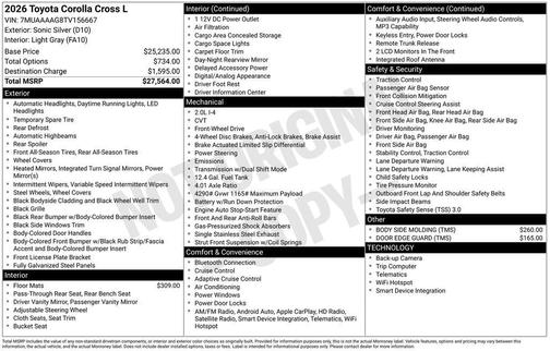 Sonic Silver 2026 Toyota Corolla Cross L