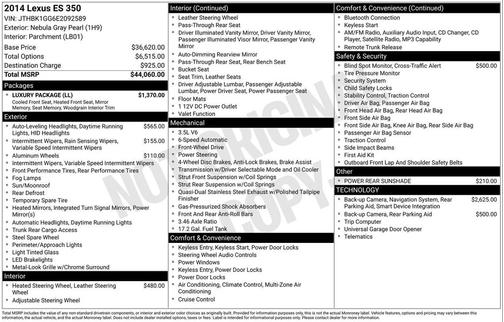 Nebula Gray Pearl 2014 Lexus ES 350 Base