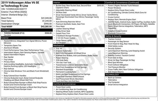 2019 Volkswagen Atlas 3.6L SE w/Technology