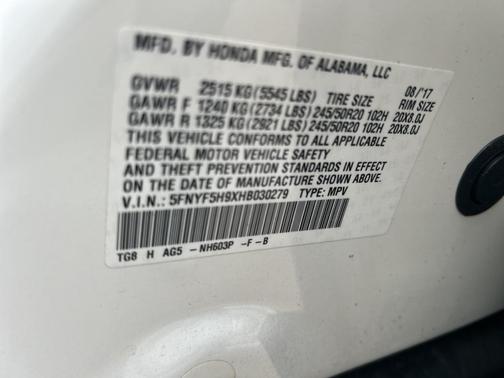 White Diamond Pearl 2017 Honda Pilot Touring