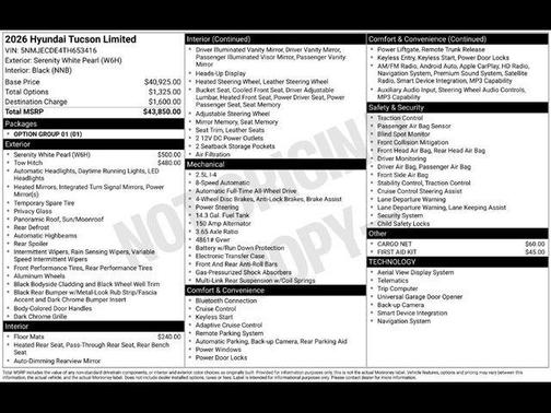 White Pearl 2026 Hyundai TUCSON Limited