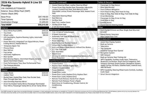 Snow White Pearl 2026 Kia Sorento Hybrid X-LINE SX PRESTIGE