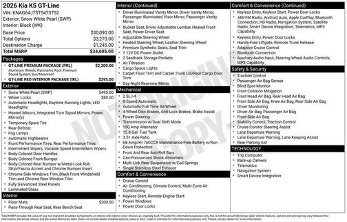 Snow White Pearl 2026 Kia K5 GT-Line