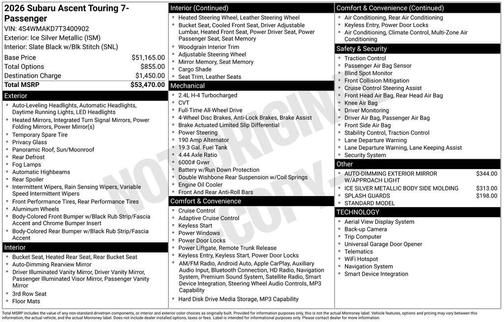 Ice Silver Metallic 2026 Subaru Ascent Touring 7-Passenger