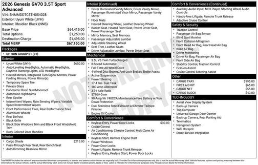 Uyuni White 2026 Genesis GV70 3.5T Sport Advanced