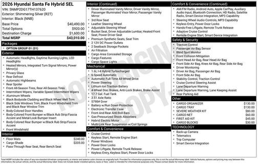 Shimmering Silver 2026 Hyundai SANTA FE SEL 2.4