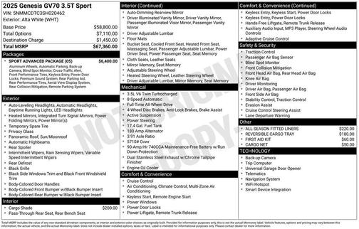 Alta White 2025 Genesis GV70 3.5T AWD Sport