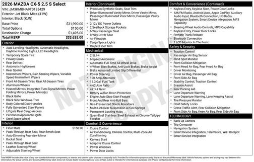 Jet Black Mica 2026 Mazda CX-5 2.5 S Select Package