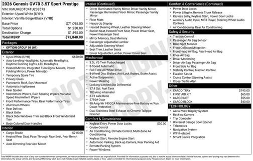 Uyuni White 2026 Genesis GV70 3.5T Sport Prestige