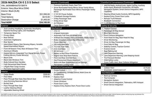 Navy Blue Mica 2026 Mazda CX-5 2.5 S Select Package