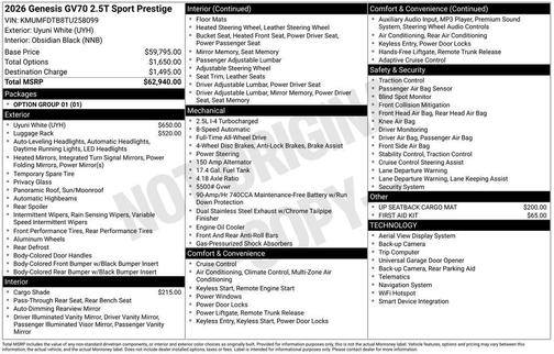 Uyuni White 2026 Genesis GV70 2.5T Sport Prestige
