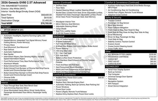 Alta White 2026 Genesis GV80 2.5T Advanced