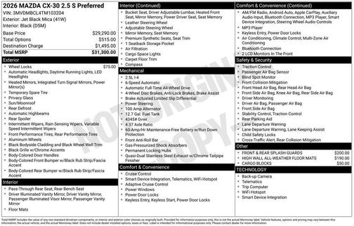 Jet Black Mica 2026 Mazda CX-30 2.5 S Preferred Package