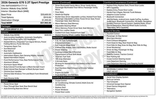 Makalu Gray 2026 Genesis G70 3.3T AWD Sport Prestige