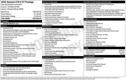 Vik Black 2026 Genesis G70 2.5T AWD Prestige