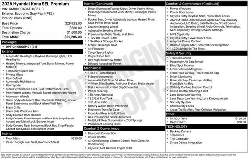 Ecotronic Gray Pearl 2026 Hyundai KONA SEL Premium