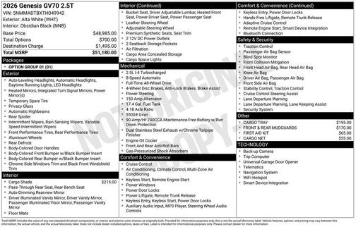 Alta White 2026 Genesis GV70 2.5T