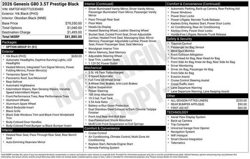 Vik Black 2026 Genesis G80 3.5T Prestige Black AWD