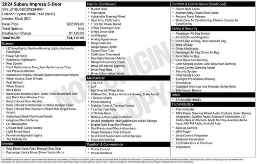 Crystal White Pearl 2024 Subaru Impreza Base