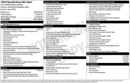 Ultimate Red Metallic 2026 Hyundai KONA SEL Sport