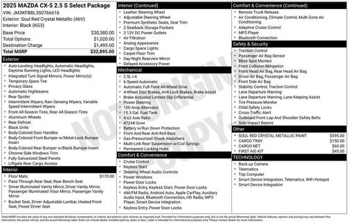 Soul Red Crystal Metallic 2025 Mazda CX-5 2.5 S Select Package