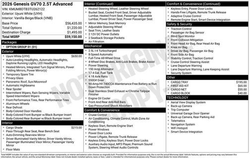 Uyuni White 2026 Genesis GV70 2.5T Advanced