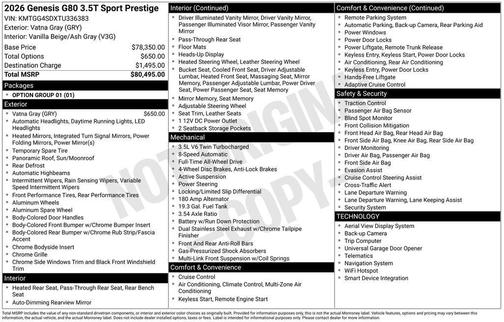 Vatna Gray 2026 Genesis G80 3.5T Sport Prestige AWD