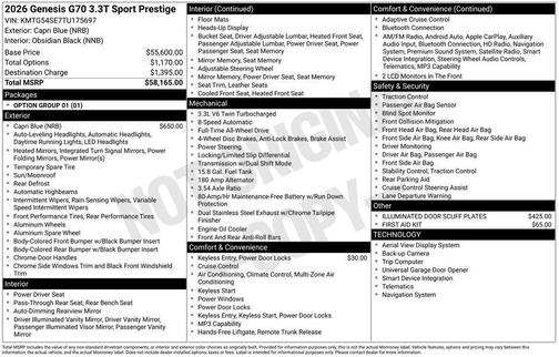 Capri Blue 2026 Genesis G70 3.3T AWD Sport Prestige