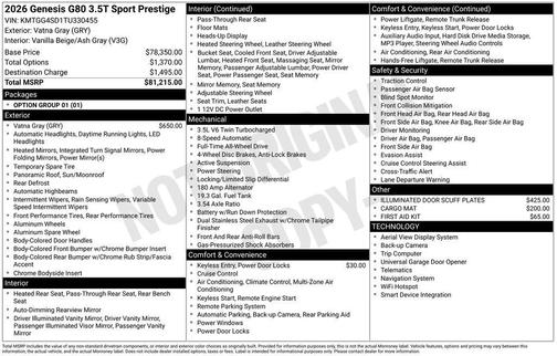 Vatna Gray 2026 Genesis G80 3.5T Sport Prestige AWD