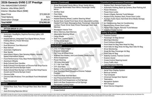 Alta White 2026 Genesis GV80 2.5T