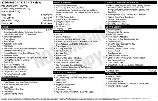 Navy Blue Mica 2026 Mazda CX-5 2.5 S Select Package