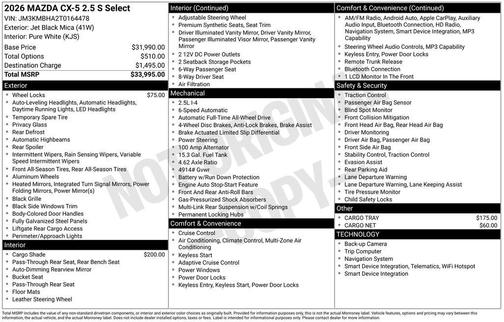 Jet Black Mica 2026 Mazda CX-5 2.5 S Select Package