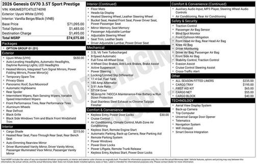 Alta White 2026 Genesis GV70 3.5T Sport Prestige