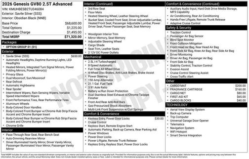 Silver 2026 Genesis GV80 2.5T Advanced