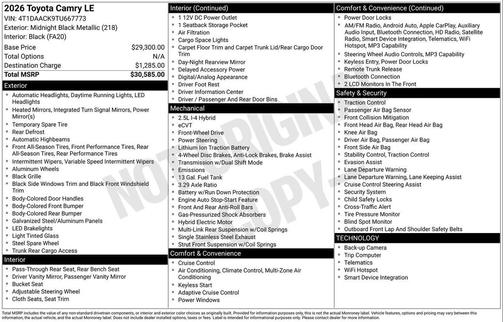 Midnight Black Metallic 2026 Toyota Camry LE