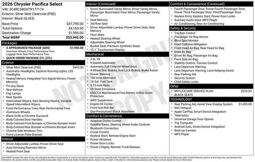 Silver Mist 2026 Chrysler Pacifica Select AWD