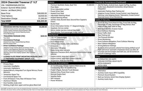 Summit White 2024 Chevrolet Traverse LT