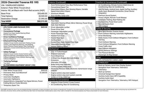 Polar White Tricoat 2026 Chevrolet Traverse RS