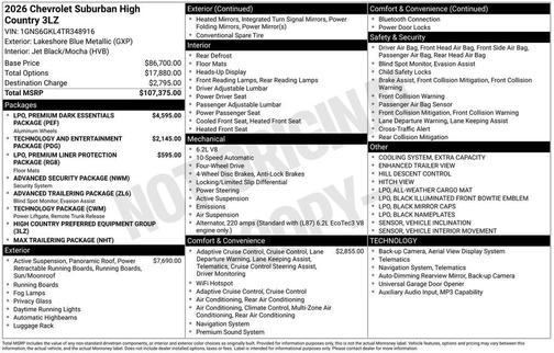 Lakeshore Blue Metallic 2026 Chevrolet Suburban High Country, 4WD