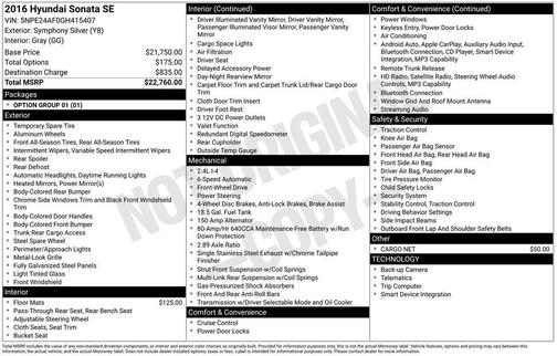 Symphony Silver 2016 Hyundai SONATA SE