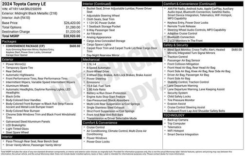 Midnight Black Metallic 2024 Toyota Camry LE