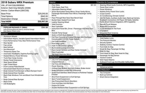 Dark Gray Metallic 2018 Subaru WRX Premium