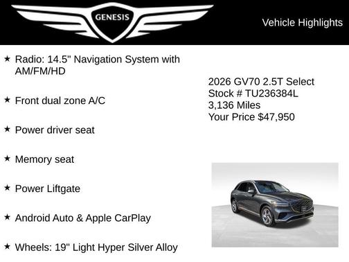 Makalu Gray 2026 Genesis GV70 2.5T