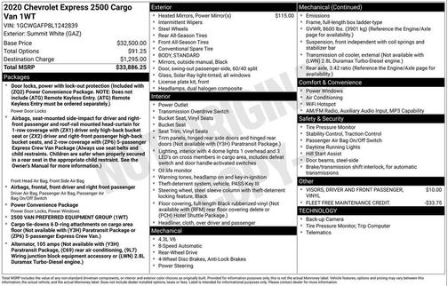 2020 Chevrolet Express 2500 RWD 2500 Regular Wheelbase WT
